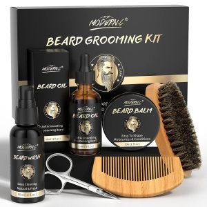 POP MODERN.C Beard Growth Kit Beard Grooming Kit 6pcs Beard Wash Shampoo Beard Oil Beard Balm Beard Comb Brush Scissors Best Gift for Men for Valentine’s Day Christmas Father’s Day Birthdays