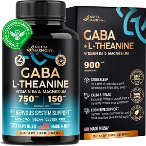 GABA L-Theanine 900 mg – Made in USA – Magnesium | Vitamin B6 – Calm, Sleep, Relaxation & Mood Support – 750 mg Gamma AminoButyric Acid, 150 mg L-Theanine – Non-Habit Forming, Vegan – 120 Capsules