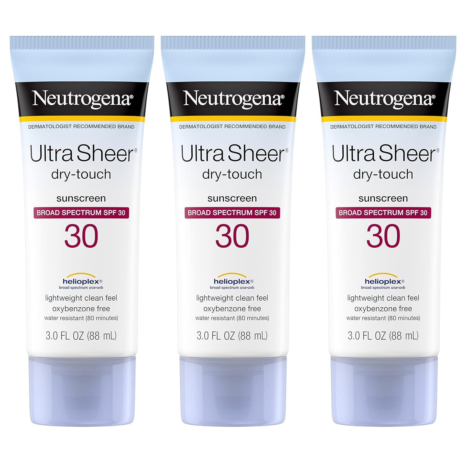 Neutrogena Ultra Sheer Dry-Touch Sunscreen Lotion, Broad Spectrum SPF 30 UVA/UVB Protection, Oxybenzone-Free, Water Resistant, Non-Comedogenic, Non-Greasy, Travel Size, 3 Fl Oz, Pack of 3 Neutrogena Ultra Sheer Dry-Touch Sunscreen Lotion, Broad Spectrum SPF 30 UVA/UVB Protection, Oxybenzone-Free, Water Resistant, Non-Comedogenic, Non-Greasy, Travel Size, 3 Fl Oz, Pack of 3