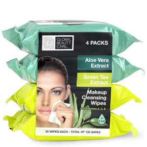 Global Beauty Care Cleansing Makeup Removal Cloth Wipes Bulk – Great for travel toiletries – 120 Count (4-Pack) (Aloe Vera & Green Tea)