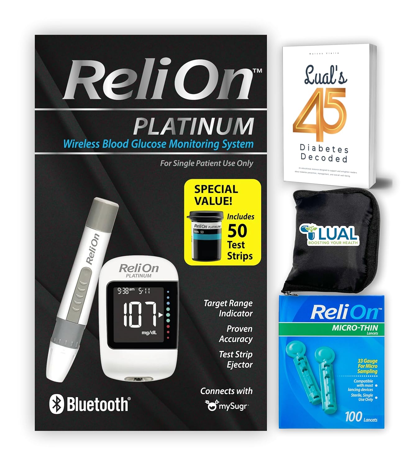 Lual’s 45 Diabetes Decoded Bundle with ReliOn Platinum Wireless Blood Glucose Monitoring System: Bluetooth-Enabled, Quick Results | Blood Glucose Monitor Kit Lual’s 45 Diabetes Decoded Bundle with ReliOn Platinum Wireless Blood Glucose Monitoring System: Bluetooth-Enabled, Quick Results | Blood Glucose Monitor Kit