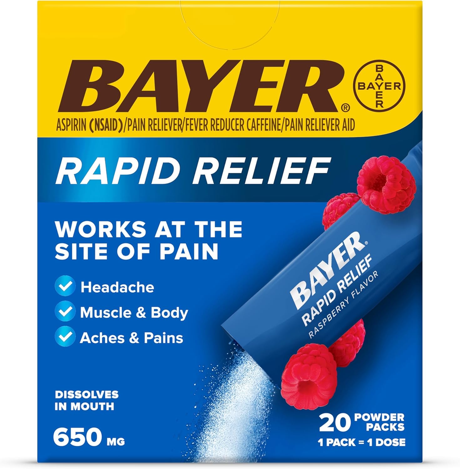 Bayer New Rapid Dissolvable Raspberry Flavor Powder Packs with Aspirin & Caffeine for Fast Acting Headache, Muscle and Body Pain Relief Bayer New Rapid Dissolvable Raspberry Flavor Powder Packs with Aspirin & Caffeine for Fast Acting Headache, Muscle and Body Pain Relief