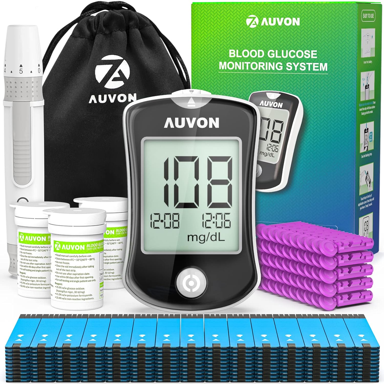 AUVON Blood Glucose Monitor Kit with 150 Glucometer Strips and 50 30G Lancets, 1 Lancing Devices, I-QARE DS-W Diabetes Testing Kit, Blood Sugar Monitor Includes Portable Bag, Coding Free AUVON Blood Glucose Monitor Kit with 150 Glucometer Strips and 50 30G Lancets, 1 Lancing Devices, I-QARE DS-W Diabetes Testing Kit, Blood Sugar Monitor Includes Portable Bag, Coding Free