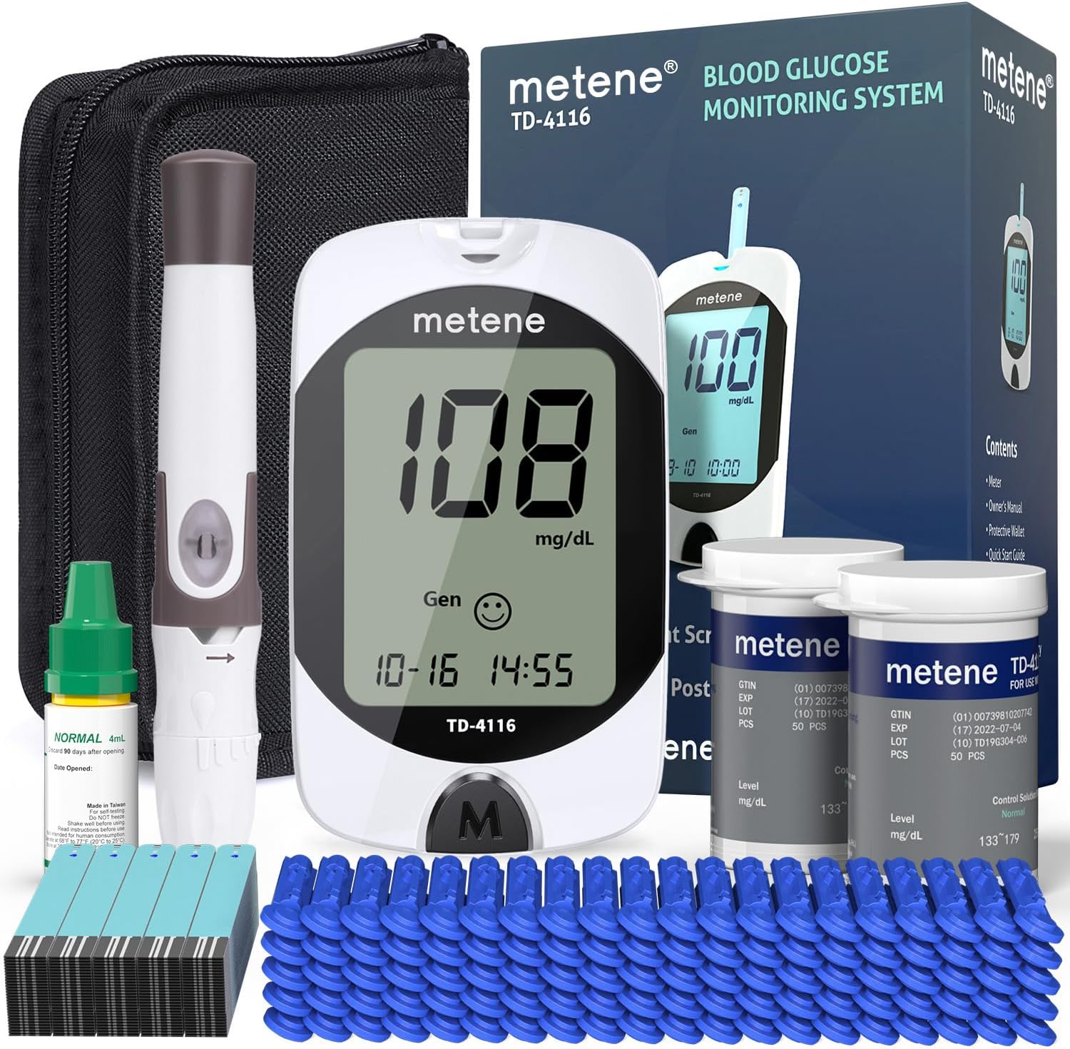 Metene TD-4116 Blood Glucose Monitor Kit, 100 Glucometer Strips, 100 Lancets, 1 Blood Sugar Monitor, Blood Sugar Test Kit with Control Solution, Lancing Device, No Coding, Large Display Metene TD-4116 Blood Glucose Monitor Kit, 100 Glucometer Strips, 100 Lancets, 1 Blood Sugar Monitor, Blood Sugar Test Kit with Control Solution, Lancing Device, No Coding, Large Display