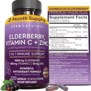 Viva Naturals Elderberry with Vitamin C and Zinc for Adults – 5 in 1 Sambucus Black Elderberry Capsules with Vitamin D3 5000 IU, Elderberries Immune Support Supplement 2 Months Supply Pills