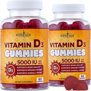 NEW AGE Vitamin D3 5000 IU 125mcg Gummies – Support Immune Support, Strong Bone Health – Non-GMO, Gluten-Free, Dairy-Free, No Gelatin (120 Gummies (Pack of 2))