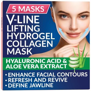 Stylia Double Chin Mask – V Line Chin Strap – Toning Hydrogel Collagen Face Mask with Hyaluronic Acid & Aloe Vera – 5PC
