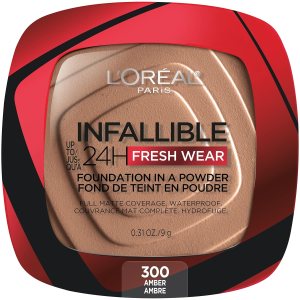 L’Oreal Paris Makeup Infallible Fresh Wear Foundation in a Powder, Up to 24H Wear, Waterproof, Amber, 0.31 oz.