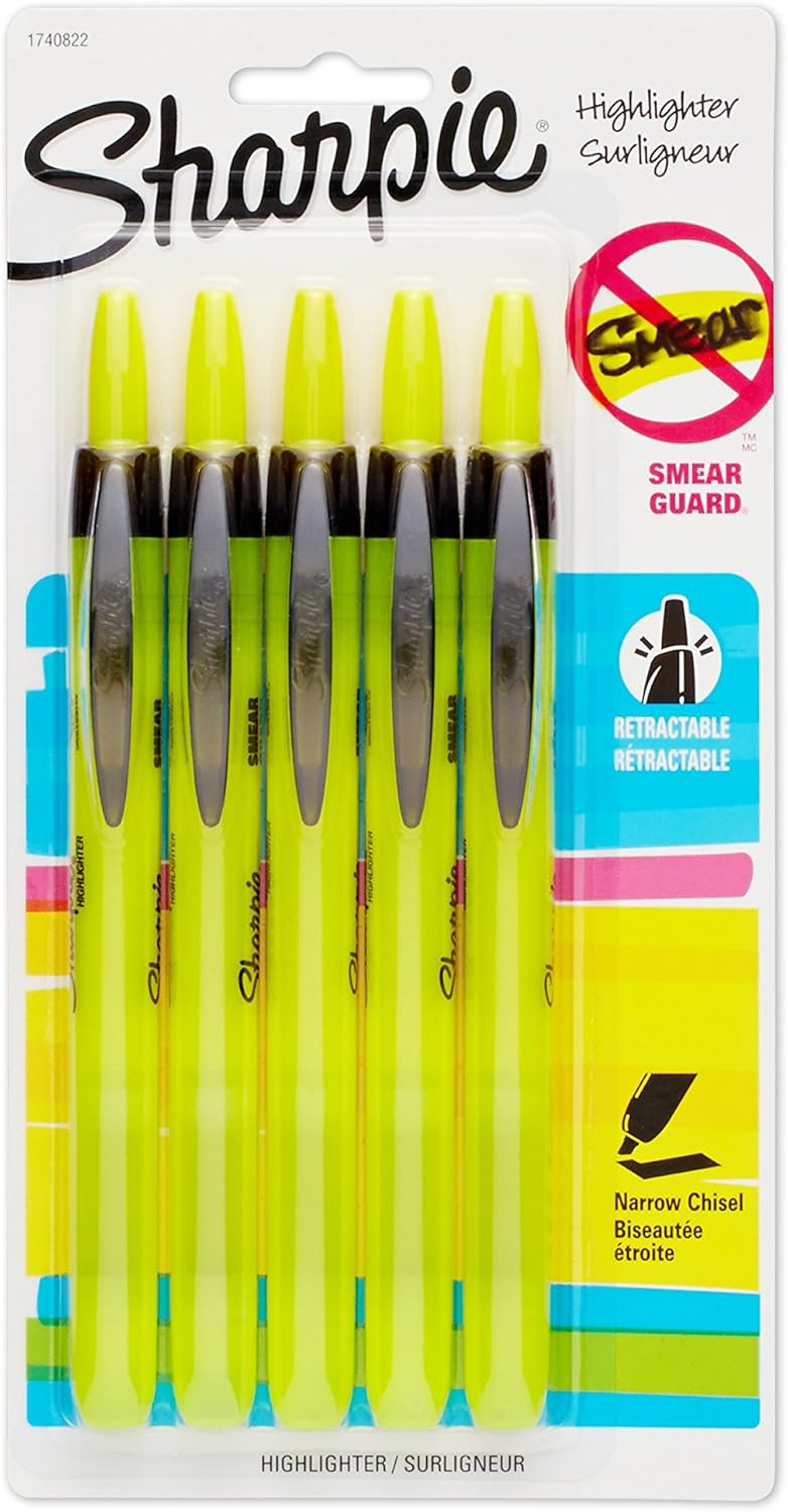 SHARPIE 1740822 Accent Retractable Highlighter, Chisel Tip, Fluorescent Yellow, 5-Count SHARPIE 1740822 Accent Retractable Highlighter, Chisel Tip, Fluorescent Yellow, 5-Count