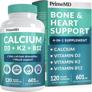 PrimeMD 4-in-1 Calcium Supplements for Women & Men – Calcium 600mg with Vitamin D3 K2 B12 5000 IU Supplement for Heart, Bone & Body Defenses – Gluten-Free, Non-GMO, Vegan Friendly (120 count)