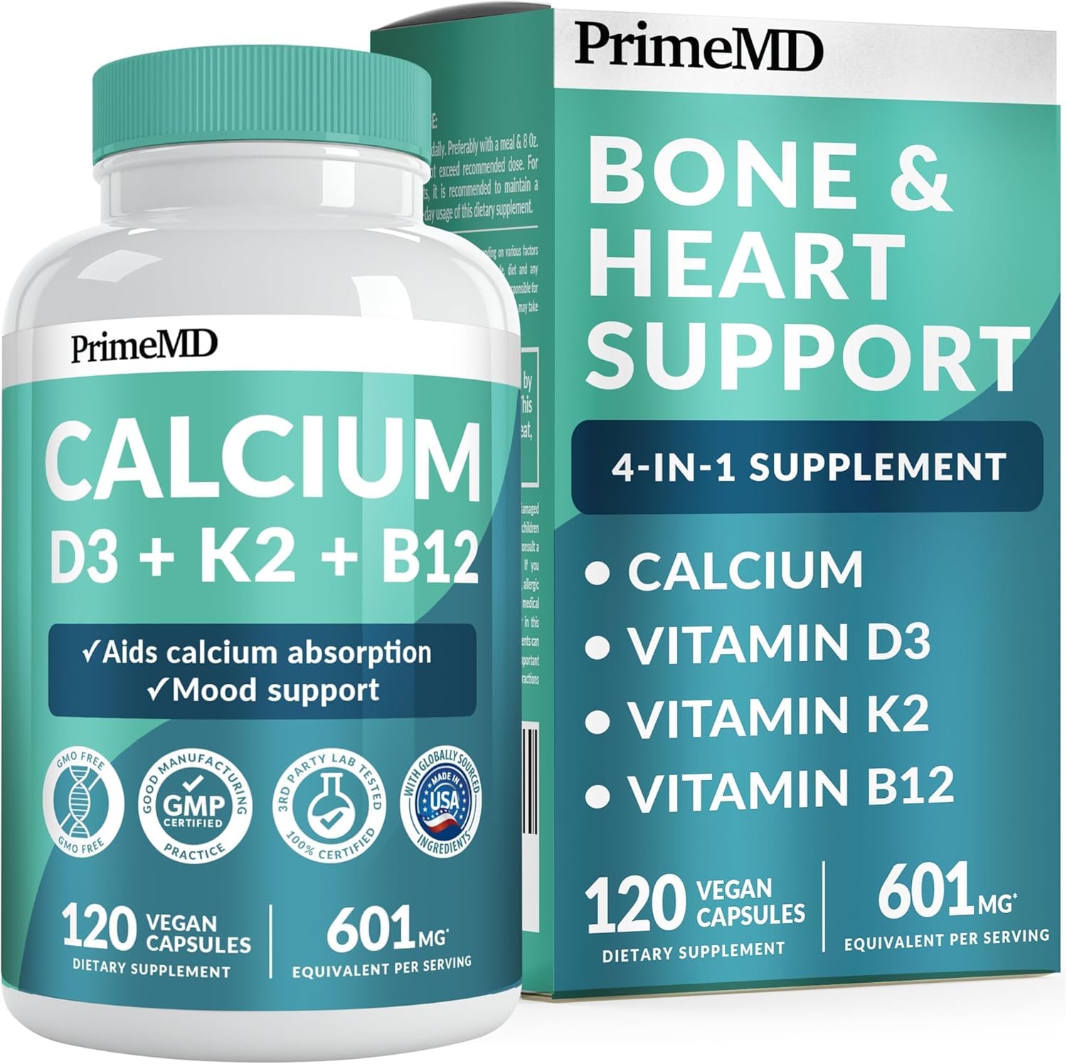PrimeMD 4-in-1 Calcium Supplements for Women & Men – Calcium 600mg with Vitamin D3 K2 B12 5000 IU Supplement for Heart, Bone & Body Defenses – Gluten-Free, Non-GMO, Vegan Friendly (120 count) PrimeMD 4-in-1 Calcium Supplements for Women & Men – Calcium 600mg with Vitamin D3 K2 B12 5000 IU Supplement for Heart, Bone & Body Defenses – Gluten-Free, Non-GMO, Vegan Friendly (120 count)