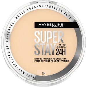 Maybelline Super Stay Up to 24HR Hybrid Powder-Foundation, Medium-to-Full Coverage Makeup, Matte Finish, 118, 1 Count