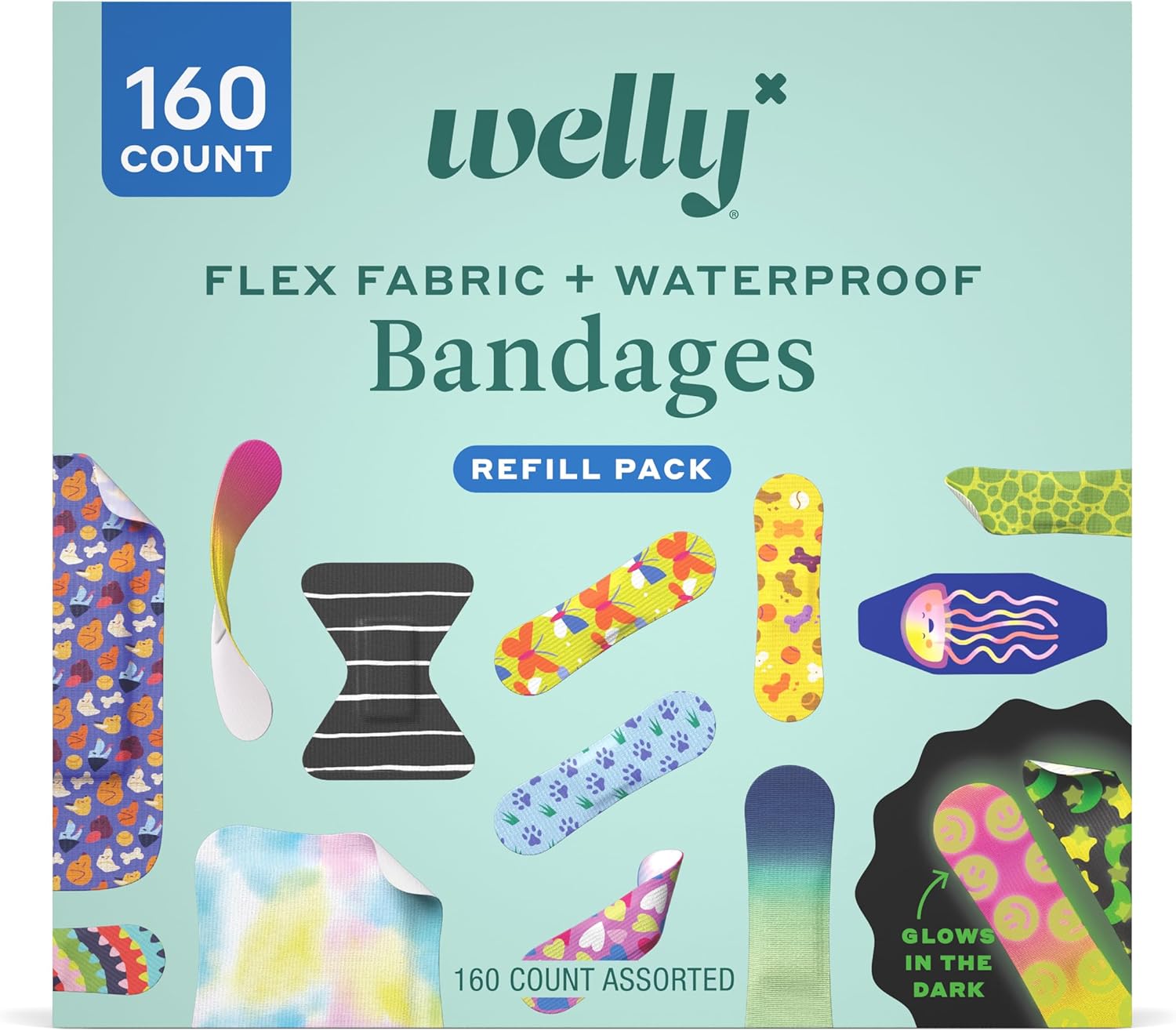 Welly Bandage Large Refill Pack | Adhesive Flexible Fabric, Glow-in-The-Dark & Waterproof Bandages | Assorted Shapes and Patterns for Minor Cuts, Scrapes, and Wounds – 160 Count Welly Bandage Large Refill Pack | Adhesive Flexible Fabric, Glow-in-The-Dark & Waterproof Bandages | Assorted Shapes and Patterns for Minor Cuts, Scrapes, and Wounds – 160 Count