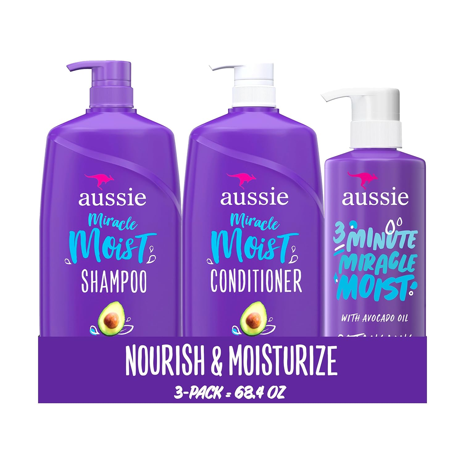 Aussie Miracle Moist Shampoo and Conditioner with 3 Minute Miracle Deep Conditioner, Avocado & Jojoba Oil, Paraben-Free, Moisturizes & Detangles, All Hair Types, Citrus Floral Scent, 3 Pack 68.4 Fl Oz Aussie Miracle Moist Shampoo and Conditioner with 3 Minute Miracle Deep Conditioner, Avocado & Jojoba Oil, Paraben-Free, Moisturizes & Detangles, All Hair Types, Citrus Floral Scent, 3 Pack 68.4 Fl Oz