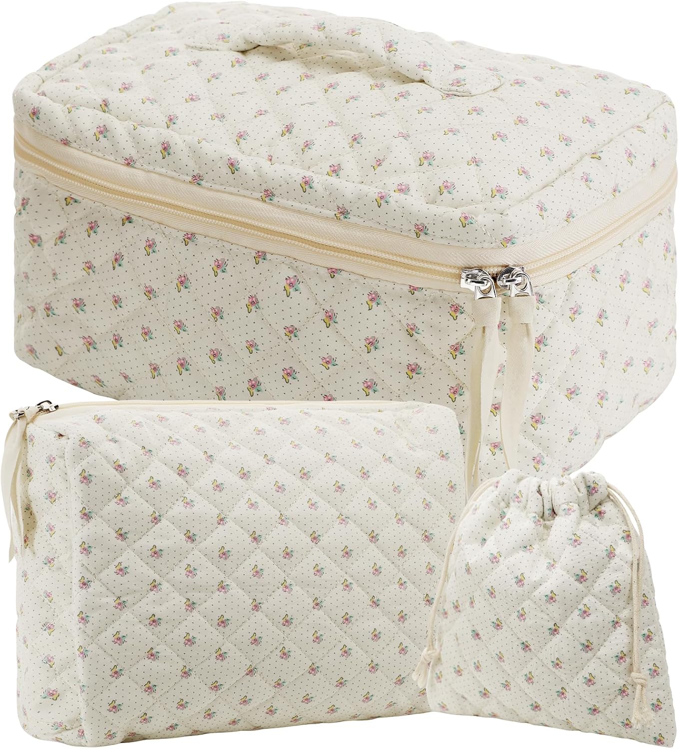 3 Pack Floral Cotton Makeup Bag Set, Large Travel Quilted Makeup Bag,Coquette Aesthetic Toiletry Bag, Large and Medium Cosmetic Bag with drawstring bag for Women Girls(Floral) 3 Pack Floral Cotton Makeup Bag Set, Large Travel Quilted Makeup Bag,Coquette Aesthetic Toiletry Bag, Large and Medium Cosmetic Bag with drawstring bag for Women Girls(Floral)