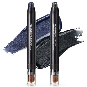 2PCS Eyeshadow Stick,Black Blue Shimmer Eye Shadow Pencil Brightener Inner Corner Eye Liner Crayon Highlighter Cream Metallic Waterproof Longlasting Halloween Makeup with Brush Set