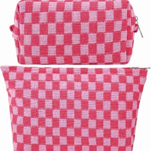 2-Pack Makeup Bag For Women – Large Checkered Knitted Cosmetic Bags&Small Makeup Pouch Aesthetic Design Travel Toiletry Bag Skincare Bag Car Storage Bag With Zipper(Pink)