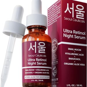 SeoulCeuticals 1% Korean Retinol Night Serum for Face – 97.5% Snail Mucin + Hyaluronic Acid + Bakuchiol, Cruelty Free K Beauty for Sensitive Skin 1oz