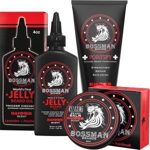 Bossman Essentials Beard Kit – Made in USA – Jelly Beard Oil – Conditioner – Beard Balm – Natural Ingredients (Hammer Scent)