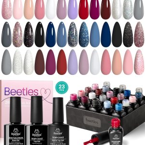 Beetles 23Pcs Gel Nail Polish Set with 3Pcs Base Matte and Glossy Top Coat,Nude Gray Pink Blue Glitter Gel Polish Kit Modern Muse Collection,Soak off Uv Gel for Girls Women