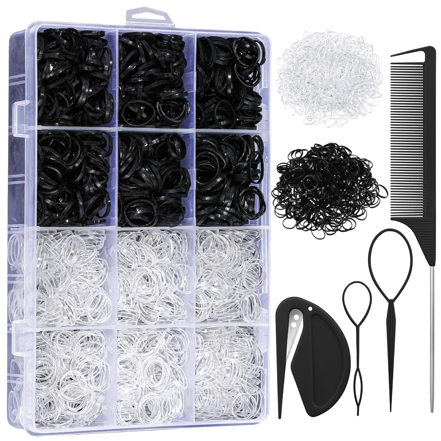 2200 Pcs Elastic Hair Bands with Hair Loop Styling Tool Set, Clear Mini Hair Bands and Black Elastic Hair Ties with Rubber Band Cutter Organizer Box Hair Accessories for Toddler Baby Girl Women 2200 Pcs Elastic Hair Bands with Hair Loop Styling Tool Set, Clear Mini Hair Bands and Black Elastic Hair Ties with Rubber Band Cutter Organizer Box Hair Accessories for Toddler Baby Girl Women