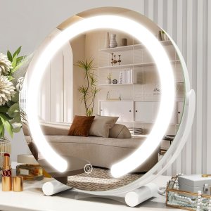 12 Inch Vanity Mirror with Lights, Round Light Up Makeup Mirror, LED Mirror Makeup Mirror with Lights for Bedroom Tabletop, Smart Touch Control 3 Colors Dimmable, 360° Rotation (White)