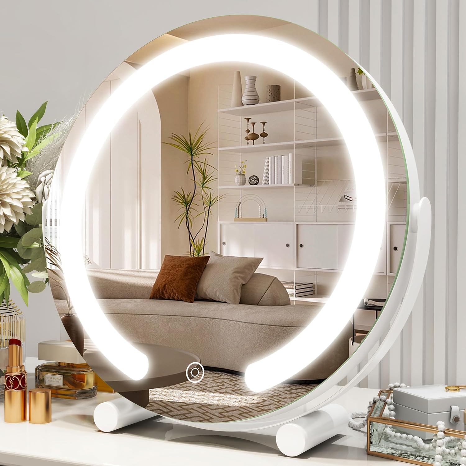 12 Inch Vanity Mirror with Lights, Round Light Up Makeup Mirror, LED Mirror Makeup Mirror with Lights for Bedroom Tabletop, Smart Touch Control 3 Colors Dimmable, 360° Rotation (White) 12 Inch Vanity Mirror with Lights, Round Light Up Makeup Mirror, LED Mirror Makeup Mirror with Lights for Bedroom Tabletop, Smart Touch Control 3 Colors Dimmable, 360° Rotation (White)