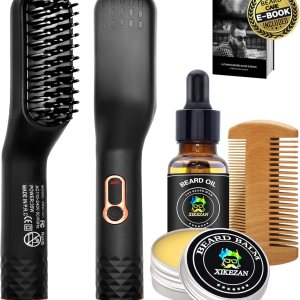 Beard Straightener w/Beard Balm & Beard Growth Oil & Beard Guide E-Book,Upgraded 3 in 1 Hair Straightener Brush Beard Straightening Comb,Unique Stocking Stuffers Gifts for Men Women Him