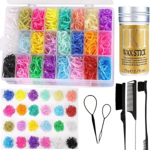 Elastic Hair Ties, Elastic Hair Bands Mini Hair Rubber Bands with Hair Styling Tools Hair Brush, Edge Brush, Rat Tail Comb and Hair Wax Stick (24 Colors Hair Ties)