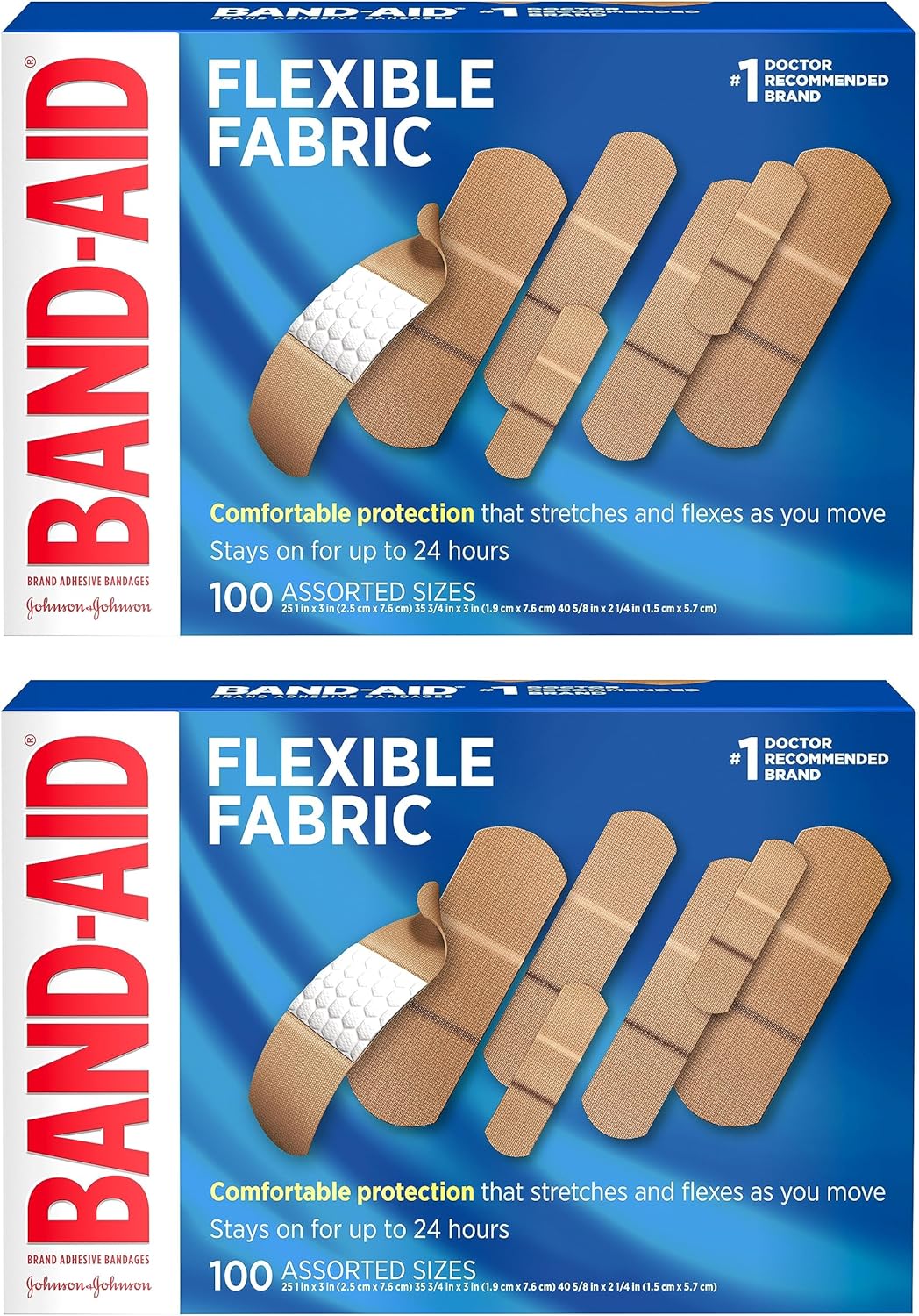 Band-Aid Brand Flexible Fabric Adhesive Bandages for Comfortable Flexible Protection, Twin Pack, 2 x 100 ct Band-Aid Brand Flexible Fabric Adhesive Bandages for Comfortable Flexible Protection, Twin Pack, 2 x 100 ct