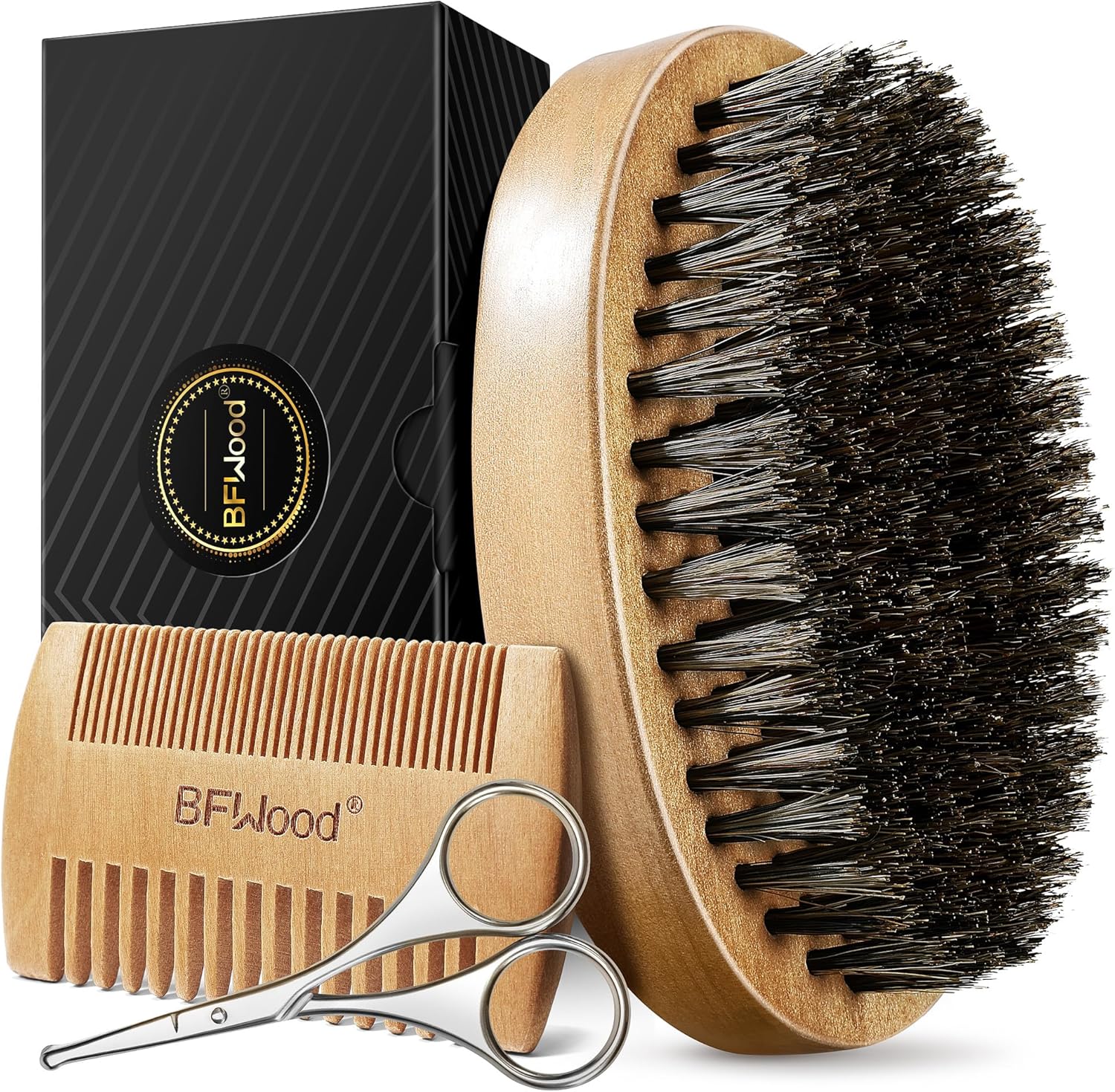 BFWood Beard Brush, Beard Comb & Mustache Scissors Grooming Kit for Men – Natural Boar Bristles Brush, Dual Action Wood Comb, Beard & Mustache Scissors and Travel Pouch Great for Men Gift BFWood Beard Brush, Beard Comb & Mustache Scissors Grooming Kit for Men – Natural Boar Bristles Brush, Dual Action Wood Comb, Beard & Mustache Scissors and Travel Pouch Great for Men Gift
