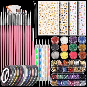 Teenitor Nail Art Kit with Butterfly Nail Stickers, Nail Art Brushes Set for Beginners with Fine Glitter, Nail Design Kit Nail Dotting Tools, Rhinestones for Nails