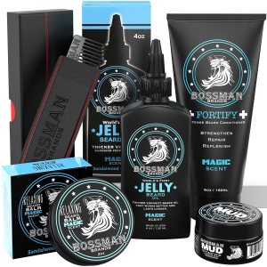 Bossman Complete Beard Kit – Men’s Beard Oil Jelly, Fortify Shower Conditioner, Balm, Mustache Wax and Comb – Beard Softener, Growth, Care and Grooming Products Kit (Magic)