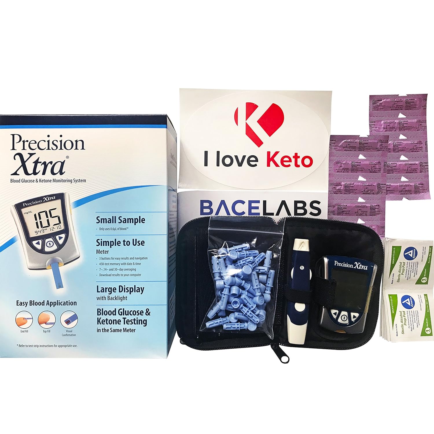 Precision Xtra Blood Glucose and Ketone Monitoring Meter Kit Bundle+10 Precision Xtra Ketone Test Strips+One Month Abbott Freestyle 28 Gauge Lancets+dynarex Alcohol Wipes+I Love Keto Sticker Precision Xtra Blood Glucose and Ketone Monitoring Meter Kit Bundle+10 Precision Xtra Ketone Test Strips+One Month Abbott Freestyle 28 Gauge Lancets+dynarex Alcohol Wipes+I Love Keto Sticker