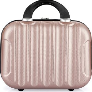 Portable Makeup Travel Case, Hard Shell Cosmetic Case Hand Luggage Organizer, Mini ABS Carrying Suitcase with Elastic Band, Rose Gold