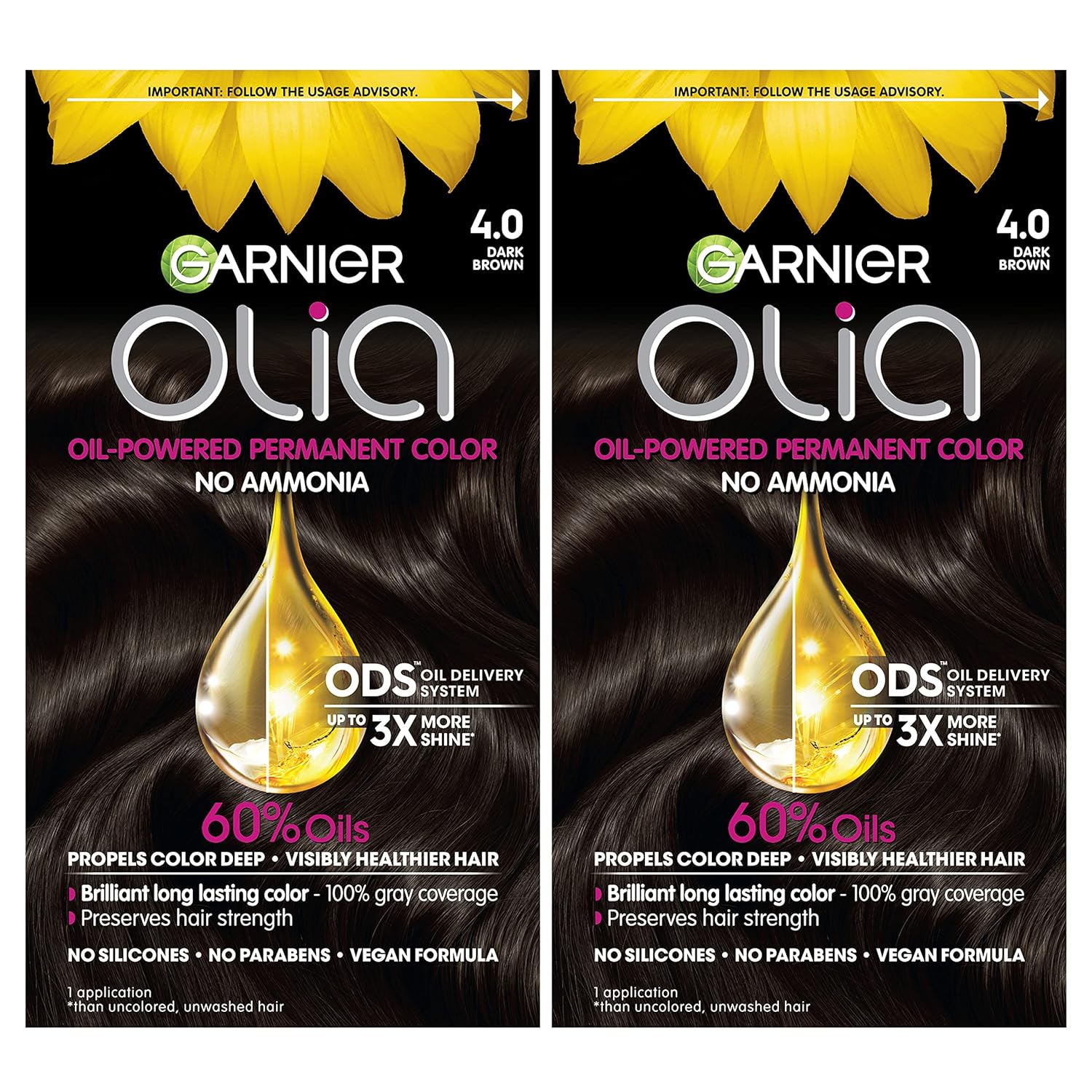 Garnier Hair Color Olia Ammonia-Free Brilliant Color Oil-Rich Permanent Hair Dye, 4.0 Dark Brown, 2 Count (Packaging May Vary) Garnier Hair Color Olia Ammonia-Free Brilliant Color Oil-Rich Permanent Hair Dye, 4.0 Dark Brown, 2 Count (Packaging May Vary)