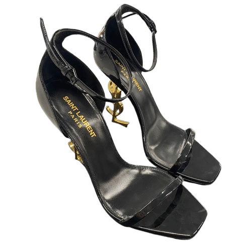 YSL Heels – Black Opyum Sandals in Patent Leather With Gold Heel. Size 38- Au 7 – 8.5cm Heel. Dust Bags Included. (NG 1343965)