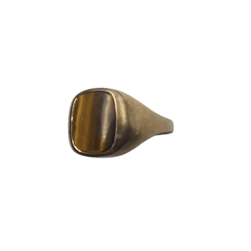 Men’s 9CT Yellow Gold Signet Ring – 4.3g with 1.2x1cm Tigers Eye, Burnish Set, Size 60