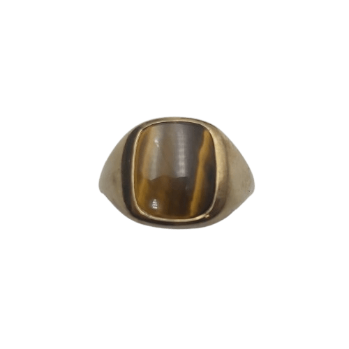 Men’s 9CT Yellow Gold Signet Ring – 4.3g with 1.2x1cm Tigers Eye, Burnish Set, Size 60