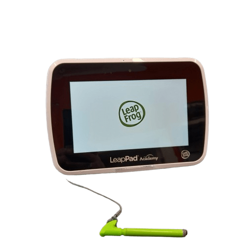 LeapFrog LeapPad Academy Kids Tablet, White, With Green Silicon Cover (Missing Stand), Scratches On Screen, End Of Stylus Worn (GE)