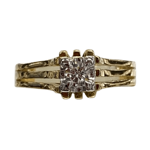 Ladies 18ct Yellow & White Gold, Round Brilliant Cut Claw Set 0.16ct Diamond. TDW 0.16, Size L.  With Valuation Certificate.