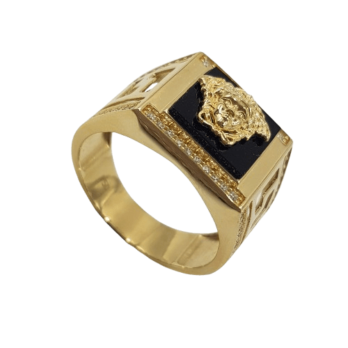 Mens 18ct Yellow Gold 65 Stone Onyx & Cubic Zirconia Medusa Head Ring X 1/2 With Valuation