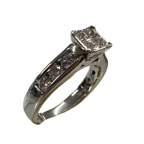 Ladies 14ct White Gold 10 Stone Diamond Ring. 4 Princess Cut Square Invisible Diamonds. With 6 Round Brilliant Cut Diamonds Channel Set Stones Set in Swept Up Shoulders. TDW 1.30ct. Size N/7 . With Valuation Certificate – (NG 143712)