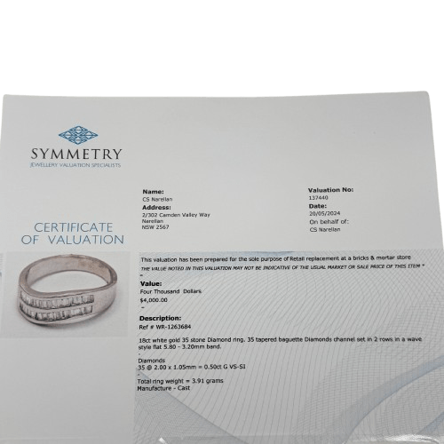Ladies 18ct White Gold 35 Tapered Baguette Diamond Ring 0.50 TDW M 6 1/2 With Valuation (WR 1263684)