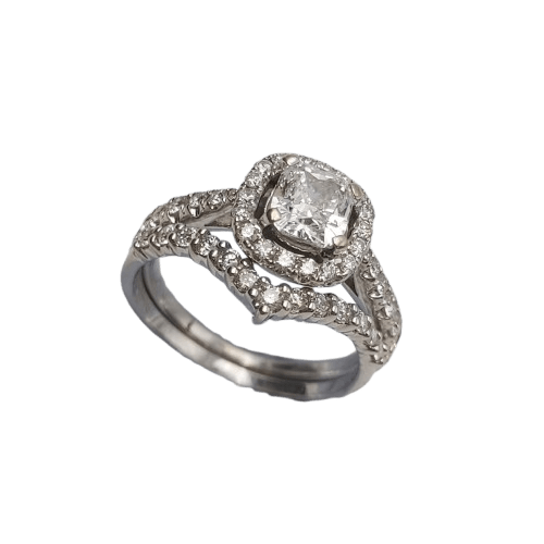 18ct White Gold 2-Ring Diamond Set – 0.90ct D/VS2 Cushion Cut Centre, 46 Stones – Size 51 – Valued at AUD $19,650