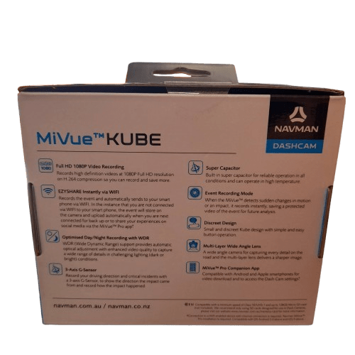 Navman MiVue Kube Dashcam, 1080p, MicroSD Slot (Card Not Included), USBC Connectivity, Sealed In Box With Charger
