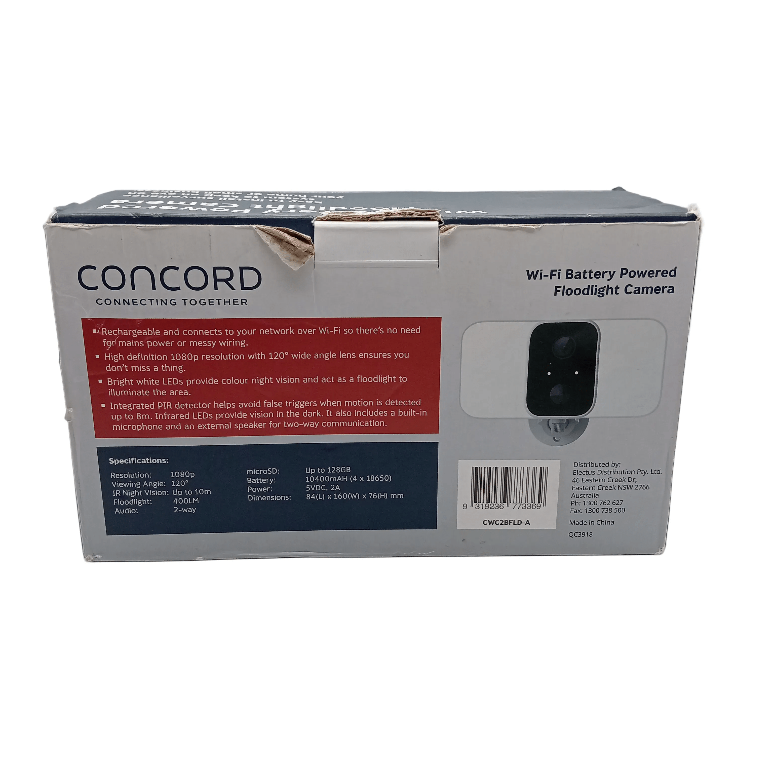Concord Wi-Fi Battery Powered Floodlight Camera QC3918 In Box