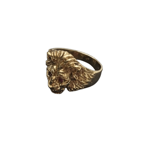 Men’s 9ct Yellow Gold Lion Face Ring 7.1g with Ruby Eyes and Diamond in Mouth