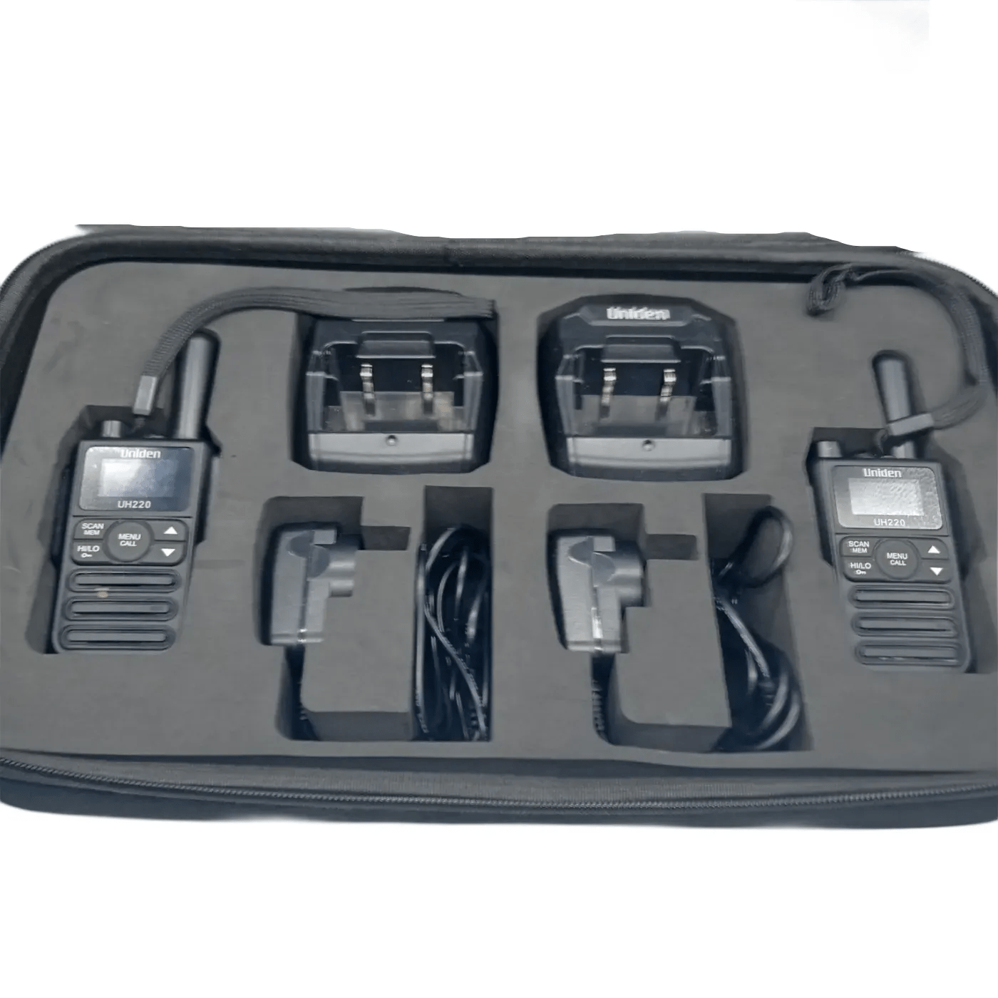 Uniden 2 Watt Handheld UHF Radio Twin Pack – UH220 Includes: Case, Two Chargers, Two Handhelds (WR 1345324)