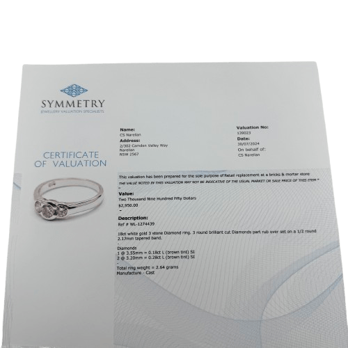 Ladies 18ct White Gold 3 Stone Diamond Ring 0.46ct TDW I 1/2 4 3/4 with Valuation – WL 1274439